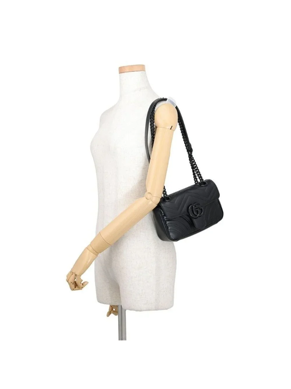 Gucci Chain Shoulder Bag GG Marmont Chevron Quilted Leather Small Black